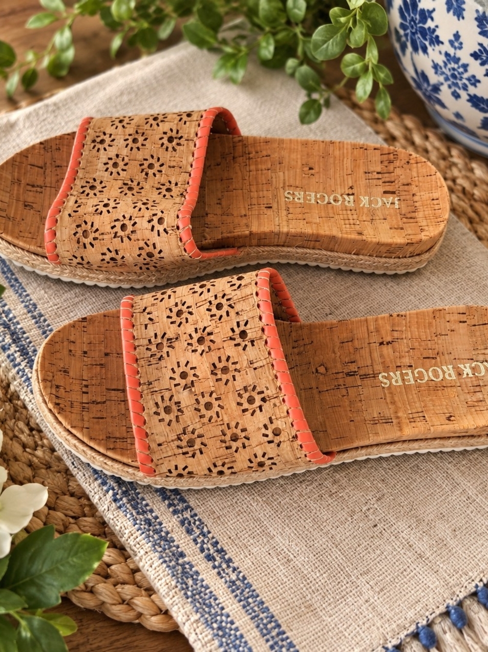 Jack Rogers Cork Slide Sandals in Natural with Coral Trim Sz 9